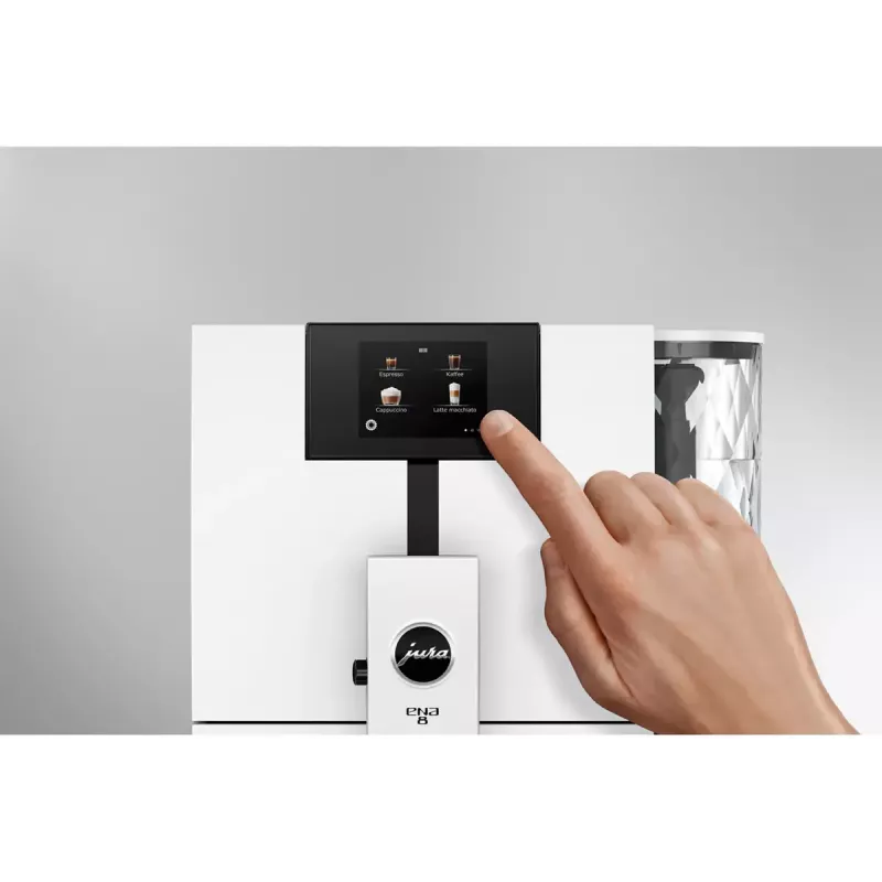 Kafijas automāts JURA ENA 8 (EC) — pilnībā automātisks, 1.1 L ūdens tvertne, 125 g pupiņu tvertne, 15 programmas, 15 bāri, termobloks, Wi‑Fi, balts