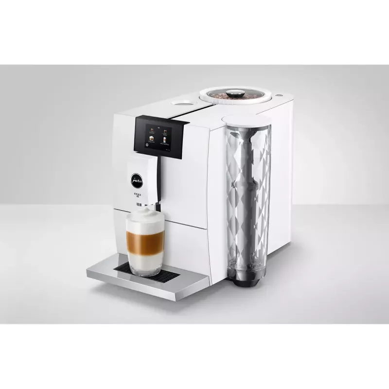 Kafijas automāts JURA ENA 8 (EC) — pilnībā automātisks, 1.1 L ūdens tvertne, 125 g pupiņu tvertne, 15 programmas, 15 bāri, termobloks, Wi‑Fi, balts