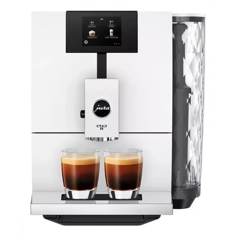 Kafijas automāts JURA ENA 8 (EC) — pilnībā automātisks, 1.1 L ūdens tvertne, 125 g pupiņu tvertne, 15 programmas, 15 bāri, termobloks, Wi‑Fi, balts