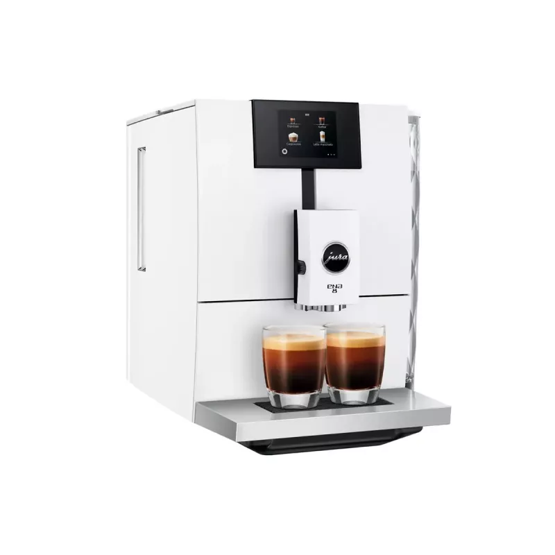 Kafijas automāts JURA ENA 8 (EC) — pilnībā automātisks, 1.1 L ūdens tvertne, 125 g pupiņu tvertne, 15 programmas, 15 bāri, termobloks, Wi‑Fi, balts