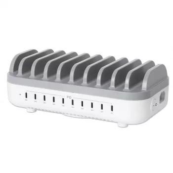 Manhattan 10-portu USB-C uzlādes stacija, USB-C izvade: 10x 20W, maks. 200W, barošana no tīkla (iekļauti US/EU/UK adapteri)