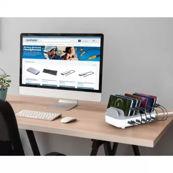 Manhattan 10-portu USB-C uzlādes stacija, USB-C izvade: 10x 20W, maks. 200W, barošana no tīkla (iekļauti US/EU/UK adapteri)