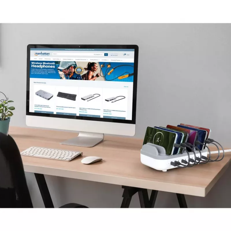Manhattan 10-portu USB-C uzlādes stacija, USB-C izvade: 10x 20W, maks. 200W, barošana no tīkla (iekļauti US/EU/UK adapteri)