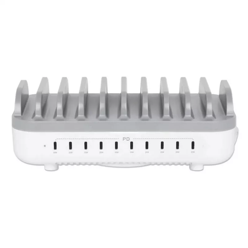 Manhattan 10-portu USB-C uzlādes stacija, USB-C izvade: 10x 20W, maks. 200W, barošana no tīkla (iekļauti US/EU/UK adapteri)