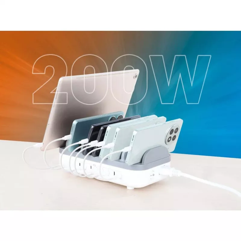 Manhattan 10-portu USB-C uzlādes stacija, USB-C izvade: 10x 20W, maks. 200W, barošana no tīkla (iekļauti US/EU/UK adapteri)