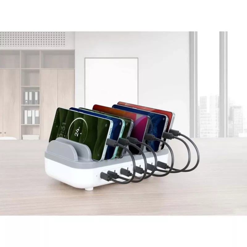 Manhattan 10-portu USB-C uzlādes stacija, USB-C izvade: 10x 20W, maks. 200W, barošana no tīkla (iekļauti US/EU/UK adapteri)