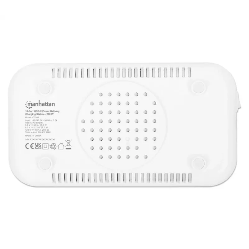 Manhattan 10-portu USB-C uzlādes stacija, USB-C izvade: 10x 20W, maks. 200W, barošana no tīkla (iekļauti US/EU/UK adapteri)