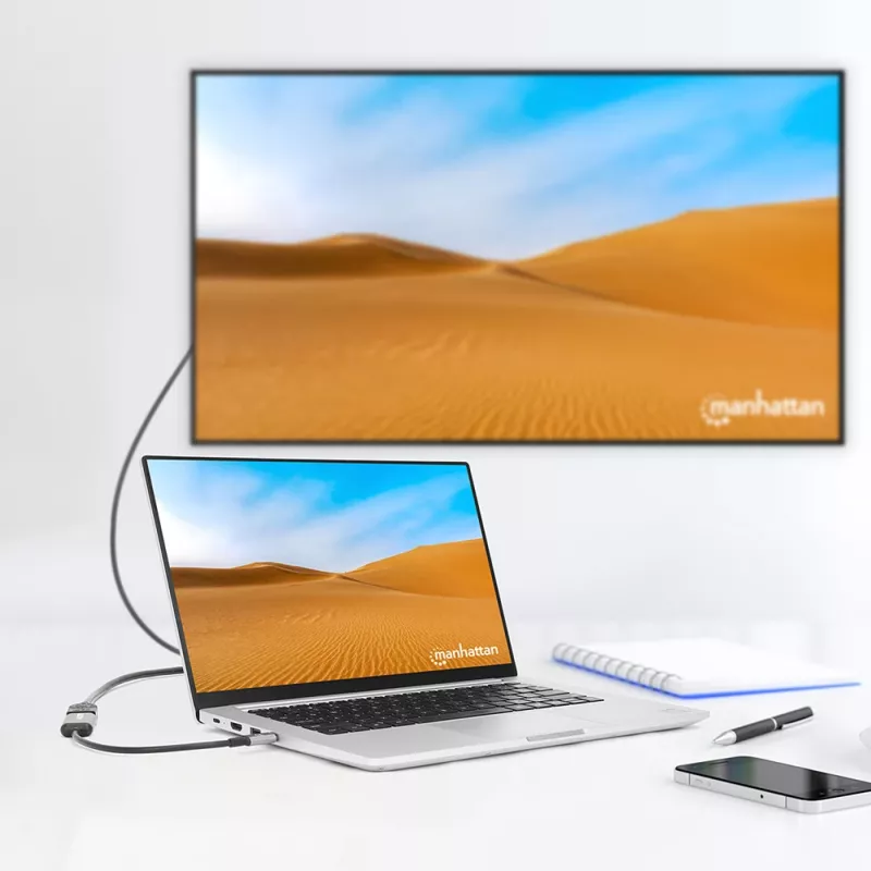 Manhattan USB-C uz HDMI kabelis, 4K@60Hz, 5 Gbps (USB 3.2 Gen1), 15 cm, melns, vīrietis-sieviete, trīs gadu garantija