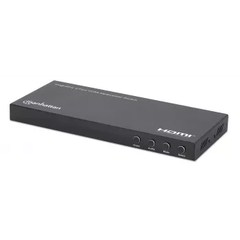 Manhattan 4K 4-Portu HDMI multiviewer slēdzis, 4 ieejas uz vienu displeju, 4k@30Hz, vairāki skatīšanās režīmi, tostarp attēls attēlā un divu/četru ekrānu režīms, pogas vai tālvadības pults, 3.5mm un Toslink audio, melns, 3 gadu garantija