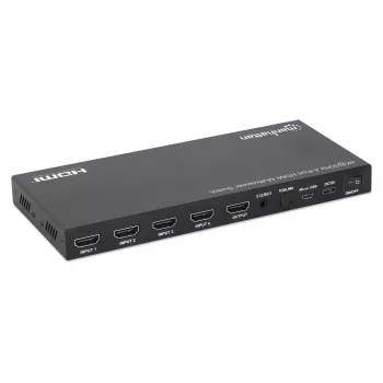Manhattan 4K 4-Portu HDMI multiviewer slēdzis, 4 ieejas uz vienu displeju, 4k@30Hz, vairāki skatīšanās režīmi, tostarp attēls attēlā un divu/četru ekrānu režīms, pogas vai tālvadības pults, 3.5mm un Toslink audio, melns, 3 gadu garantija