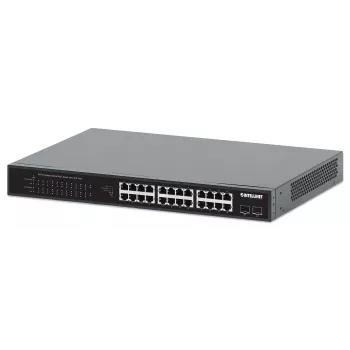 Intellinet 24-Portu Gigabit Ethernet PoE+ Slēdzis ar 2 SFP Portiem, IEEE 802.3at/af (PoE+/PoE), PoE Budžets 370 W, Divi 1G SFP Atvērti Sloti, 19 inch Rackmount