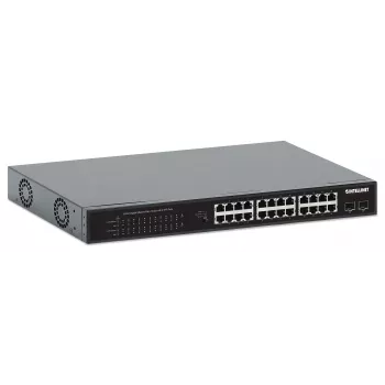 Intellinet 24-Portu Gigabit Ethernet PoE+ Slēdzis ar 2 SFP Portiem, IEEE 802.3at/af (PoE+/PoE), PoE Budžets 370 W, Divi 1G SFP Atvērti Sloti, 19 inch Rackmount