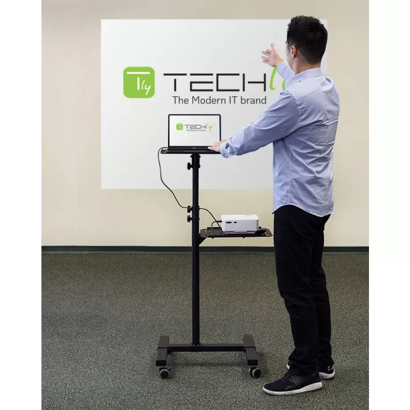 Techly ICA-TB TPM-10 augstumā regulējams projektora un portatīvā datora ratiņgalds ar plauktu, melns