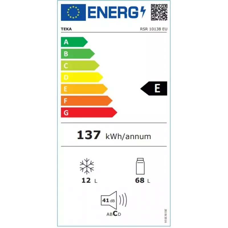 Brīvstāvošs ledusskapis TEKA RSR 10138, 80 L (68 L ledusskapis, 12 L saldētava), invertora kompresors, balts