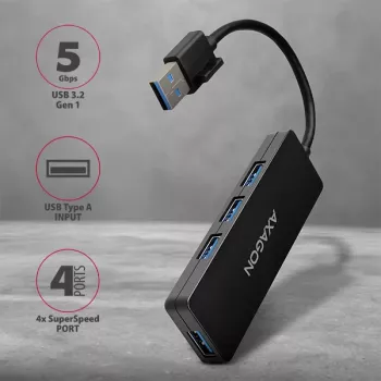 Axagon SuperSpeed USB SLIM centrmezgls, USB 3.2 Gen 1 Type-A, 4 porti, melns, plastmasa, 0.14 m