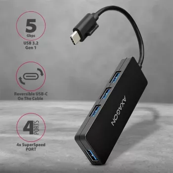 Axagon SuperSpeed USB-C SLIM centrmezgls, USB 3.2 Gen 1 (3.1 Gen 1) Type-C, USB 3.2 Gen 1 (3.1 Gen 1) Type-A, 5000 Mbit/s, Melns, Plastmasa, 0.14 m
