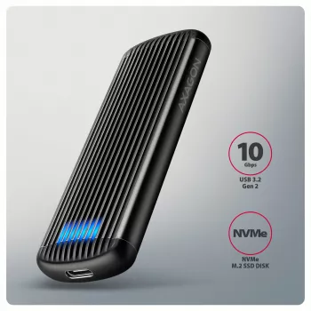 AXAGON EEM2-SC ārējais USB-C 10Gbps bezskrūvju metāla M.2 NVMe SSD korpuss, viena vieta, pelēks