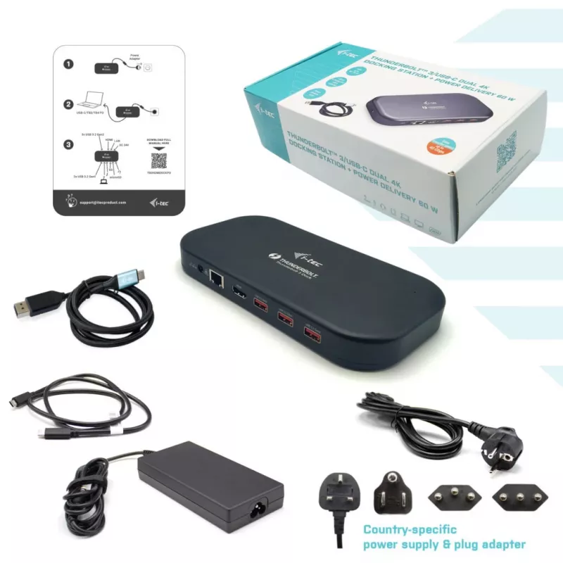 i-tec Thunderbolt 3/USB-C Dual 4K Docking Station + USB-C uz DisplayPort kabelis (1,5 m) + Power Delivery 60W