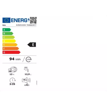 Brīvi stāvoša trauku mazgājamā mašīna BEKO DVN05320W — pilna izmēra 60 cm, 13 komplekti, 49 dB, 5 programmas, E klase