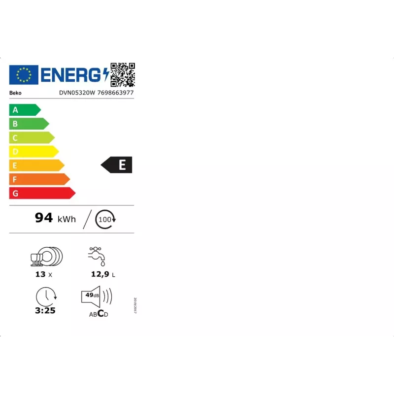 Brīvi stāvoša trauku mazgājamā mašīna BEKO DVN05320W — pilna izmēra 60 cm, 13 komplekti, 49 dB, 5 programmas, E klase