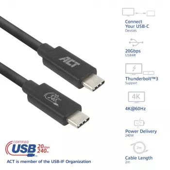 ACT USB4 20Gbps 240W USB Type-C kabelis 2m Melns USB-IF sertificēts