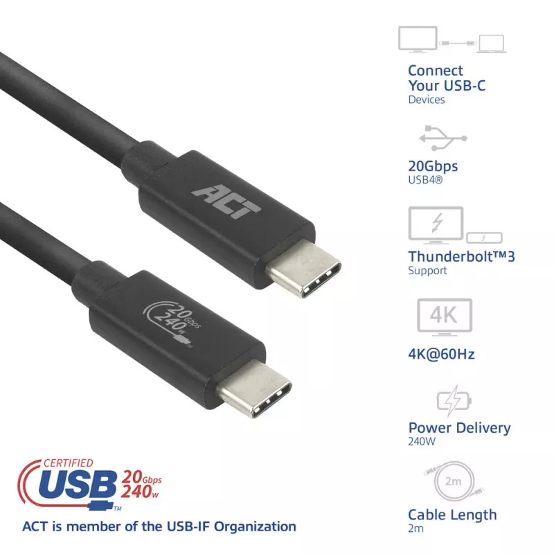 ACT USB4 20Gbps 240W USB Type-C kabelis 2m Melns USB-IF sertificēts