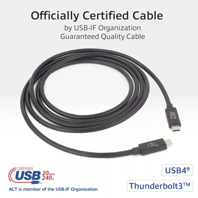ACT USB4 20Gbps 240W USB Type-C kabelis 2m Melns USB-IF sertificēts