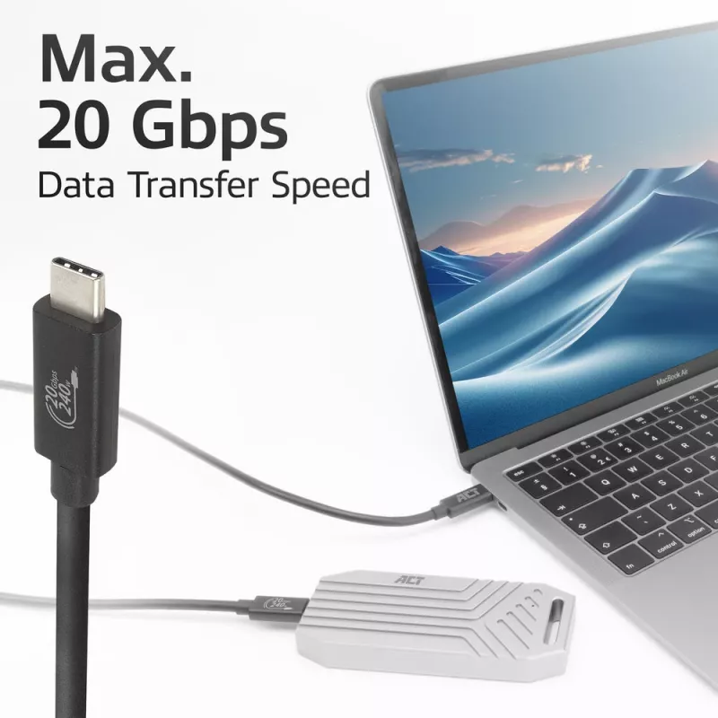 ACT USB4 20Gbps 240W USB Type-C kabelis 2m Melns USB-IF sertificēts