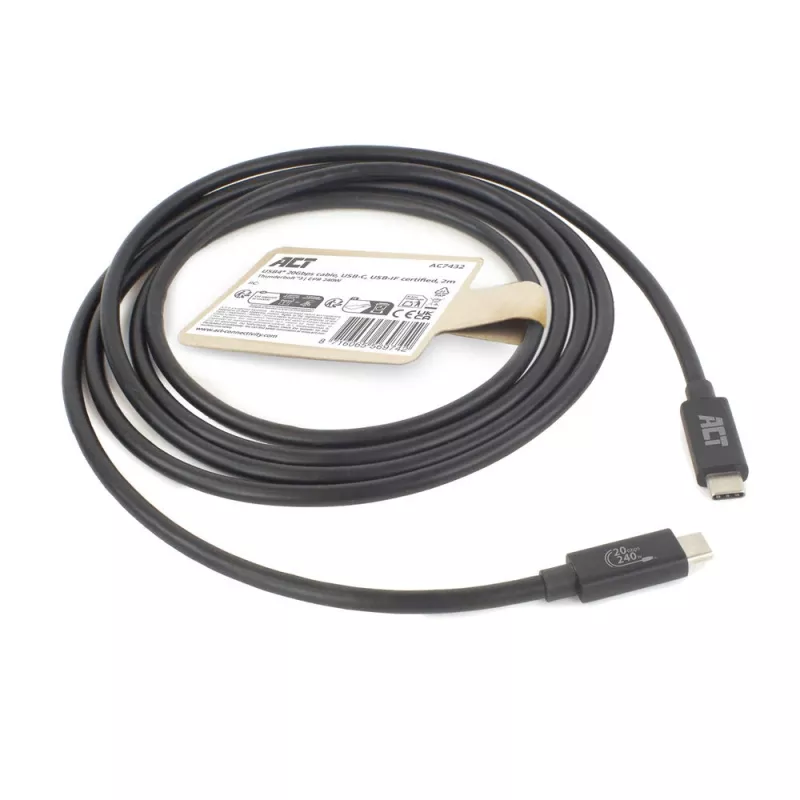 ACT USB4 20Gbps 240W USB Type-C kabelis 2m Melns USB-IF sertificēts