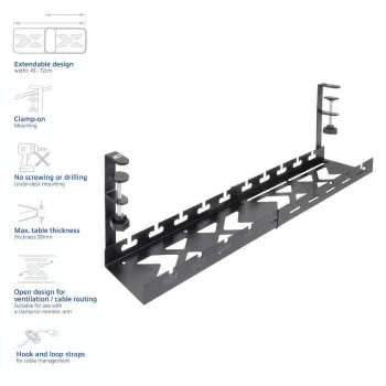 Zem galda izvelkams kabeļu pārvaldības paliktnis ACT 43–72 cm, skavas stiprinājums, tērauds, 728×130×190 mm, 5 kg