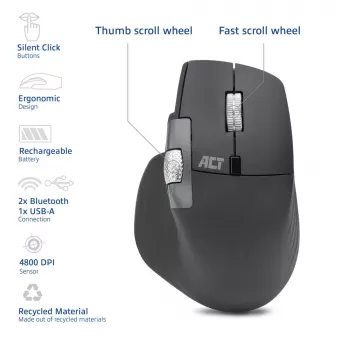 ACT AC5147 bezvadu lāzera pele — labā roka, RF + Bluetooth, 4800 DPI, 6 pogas, pelēka