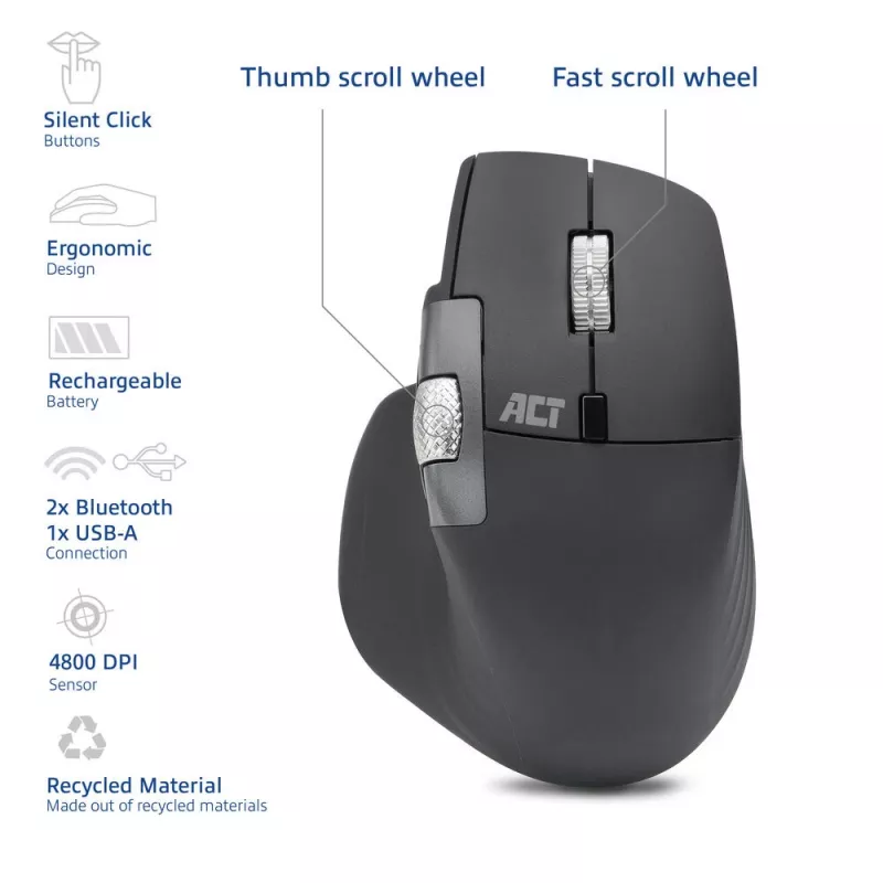 ACT AC5147 bezvadu lāzera pele — labā roka, RF + Bluetooth, 4800 DPI, 6 pogas, pelēka
