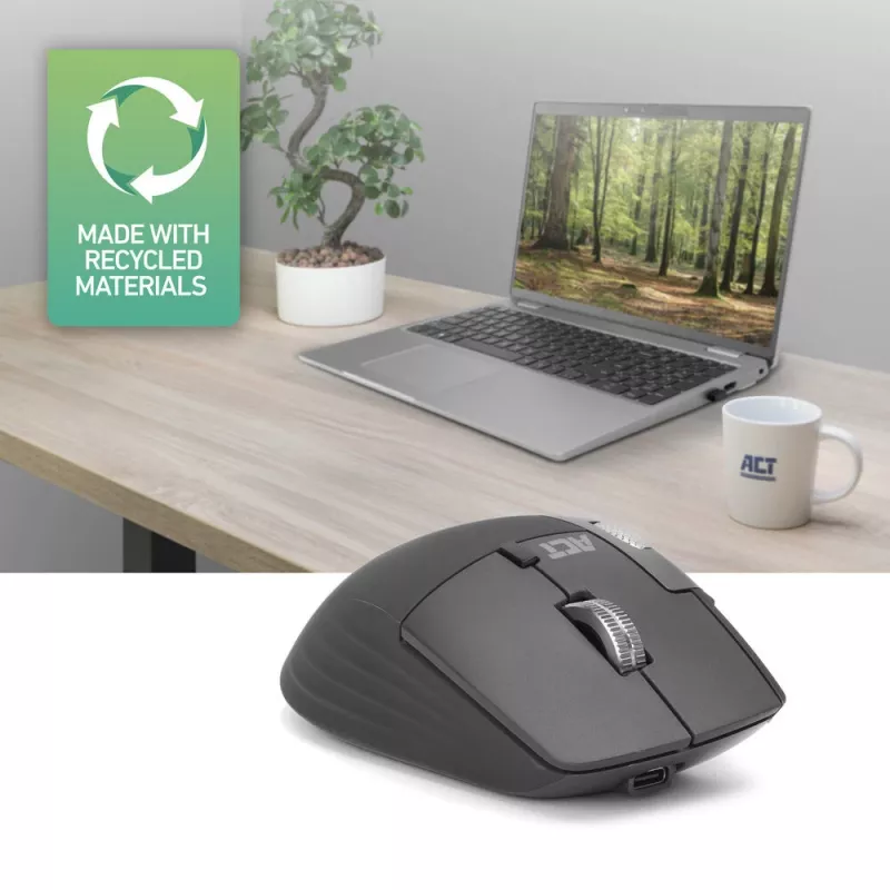 ACT AC5147 bezvadu lāzera pele — labā roka, RF + Bluetooth, 4800 DPI, 6 pogas, pelēka