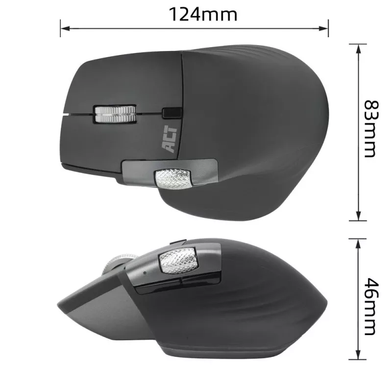 ACT AC5147 bezvadu lāzera pele — labā roka, RF + Bluetooth, 4800 DPI, 6 pogas, pelēka