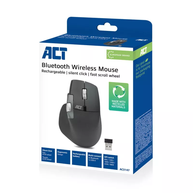 ACT AC5147 bezvadu lāzera pele — labā roka, RF + Bluetooth, 4800 DPI, 6 pogas, pelēka