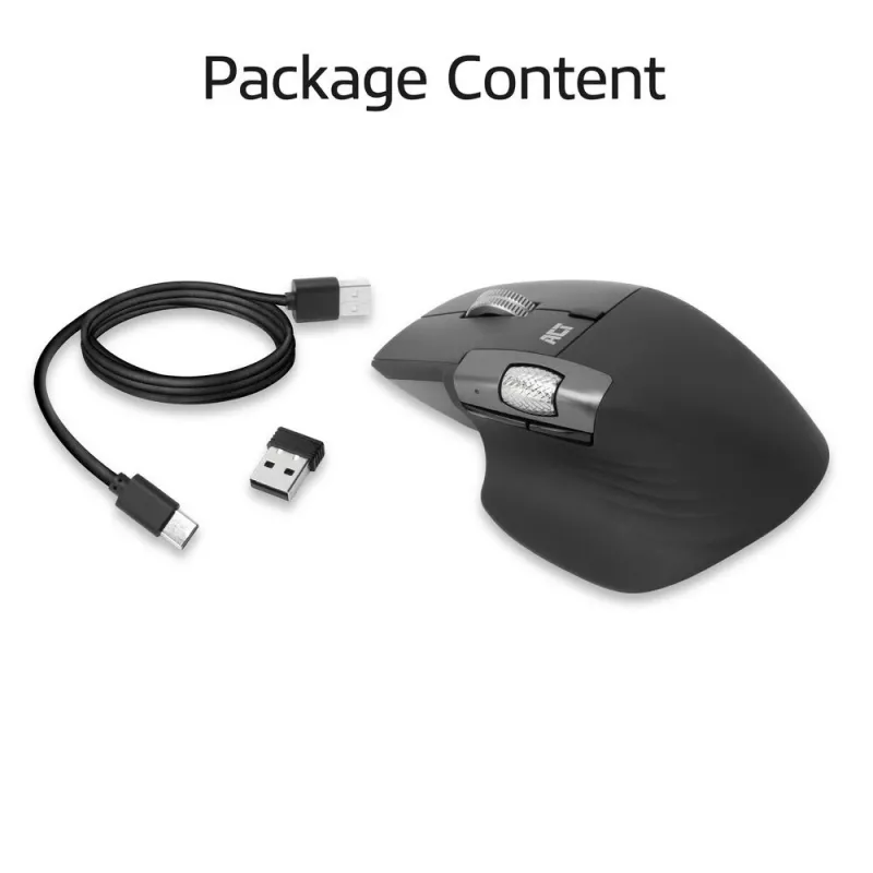 ACT AC5147 bezvadu lāzera pele — labā roka, RF + Bluetooth, 4800 DPI, 6 pogas, pelēka