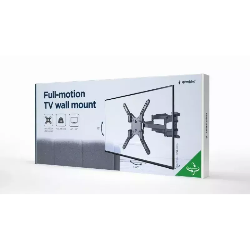 TV stiprinājums Gembird WM-60ST-01 32–60 collu televizoriem, VESA 100x100–400x400, līdz 36.4 kg, slīpums -2°–10°, attālums no sienas 4.2–45.2 cm, melns