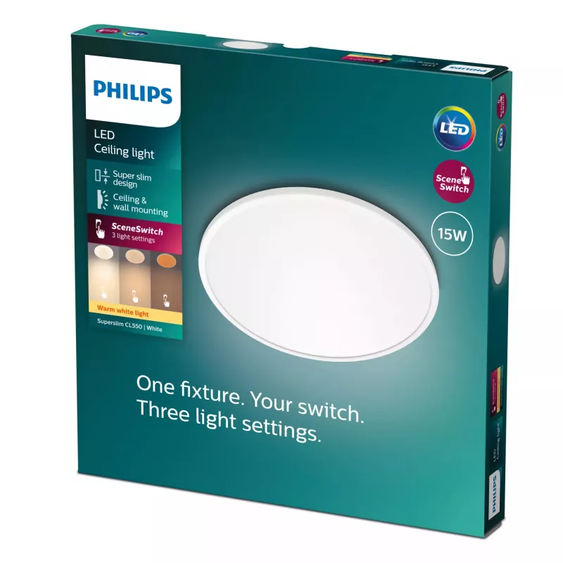 Philips Functional Super Slim Griestu Lampas LED 15 W, 2700 K, 1300 lm, IP20, Balta
