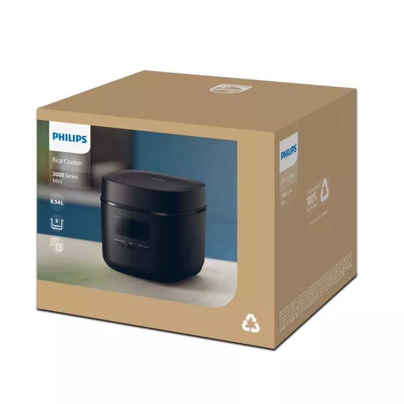 Rīsu plīts Philips 3000 sērija HD3080/80, 0,54 L, 400 W, melna, pogu vadība