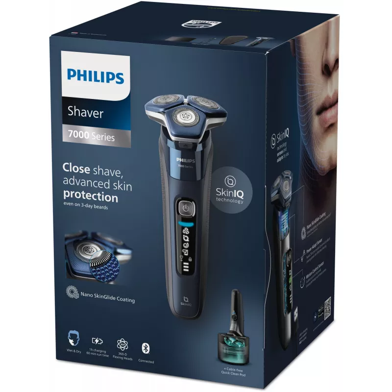 Vīriešu rotācijas skuveklis Philips Series 7000 S7885/50 — 3 galviņas, SteelPrecision asmeņi, Li-Ion USB akumulators, trimmeris, slapjā/sausā (Melns/Zils)
