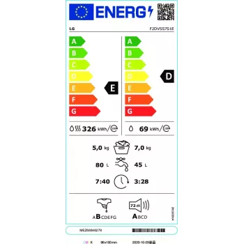 LG F2DV5S7S1E veļas žāvētājs Brīvi stāvošs Priekšējā ielāde Balts