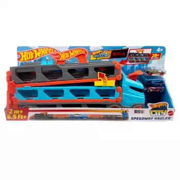 Hot Wheels City Speedway Hauler Carrier ar 3 rotaļu mašīnām, transportlīdzekļu komplekts, 4 gadi, Plastmasa, Pelēks, Daudzkrāsains