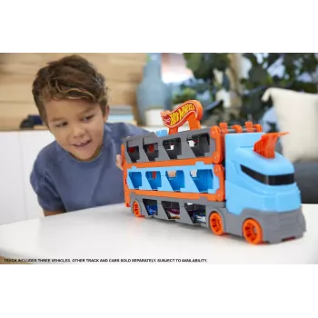 Hot Wheels City Speedway Hauler Carrier ar 3 rotaļu mašīnām, transportlīdzekļu komplekts, 4 gadi, Plastmasa, Pelēks, Daudzkrāsains