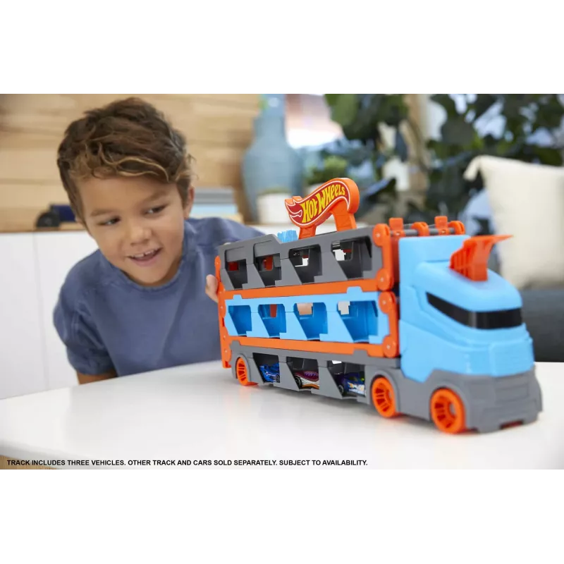 Hot Wheels City Speedway Hauler Carrier ar 3 rotaļu mašīnām, transportlīdzekļu komplekts, 4 gadi, Plastmasa, Pelēks, Daudzkrāsains