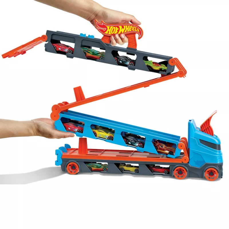 Hot Wheels City Speedway Hauler Carrier ar 3 rotaļu mašīnām, transportlīdzekļu komplekts, 4 gadi, Plastmasa, Pelēks, Daudzkrāsains