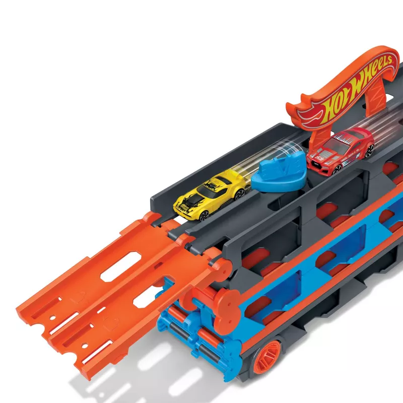 Hot Wheels City Speedway Hauler Carrier ar 3 rotaļu mašīnām, transportlīdzekļu komplekts, 4 gadi, Plastmasa, Pelēks, Daudzkrāsains