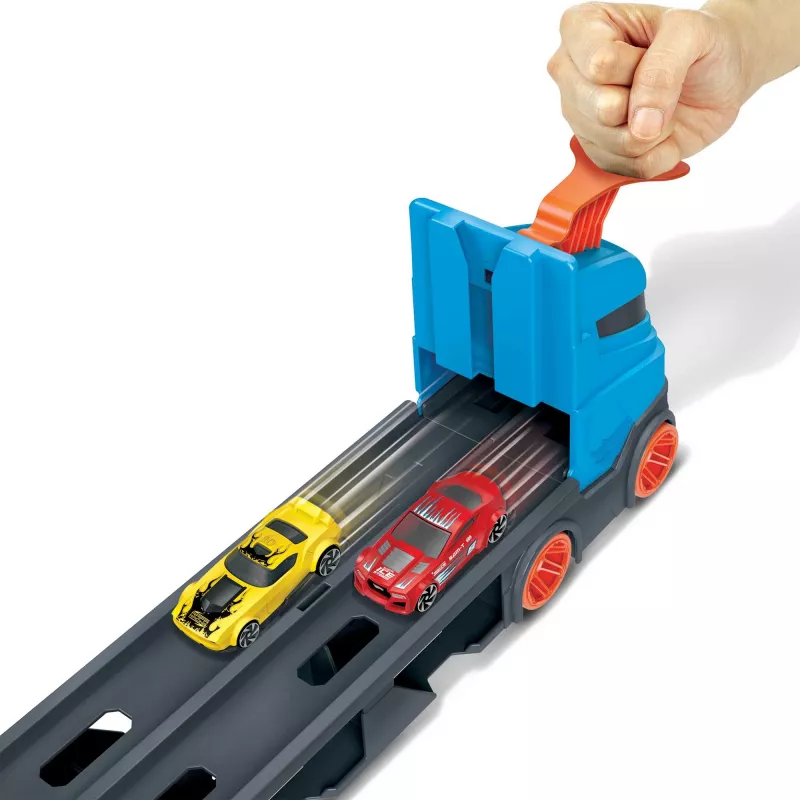 Hot Wheels City Speedway Hauler Carrier ar 3 rotaļu mašīnām, transportlīdzekļu komplekts, 4 gadi, Plastmasa, Pelēks, Daudzkrāsains