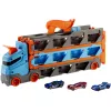 Hot Wheels City Speedway Hauler Carrier ar 3 rotaļu mašīnām, transportlīdzekļu komplekts, 4 gadi, Plastmasa, Pelēks, Daudzkrāsains