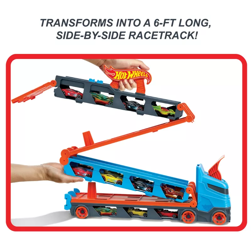 Hot Wheels City Speedway Hauler Carrier ar 3 rotaļu mašīnām, transportlīdzekļu komplekts, 4 gadi, Plastmasa, Pelēks, Daudzkrāsains