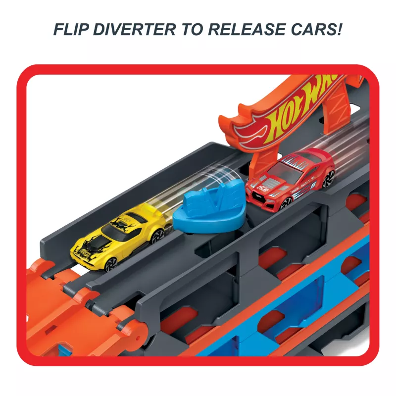Hot Wheels City Speedway Hauler Carrier ar 3 rotaļu mašīnām, transportlīdzekļu komplekts, 4 gadi, Plastmasa, Pelēks, Daudzkrāsains
